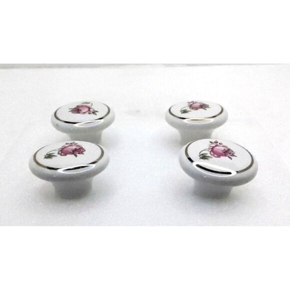 vintage set of 4 porcelain rose design round cabinet hardware door/drawer pulls. - Picture 5 of 9